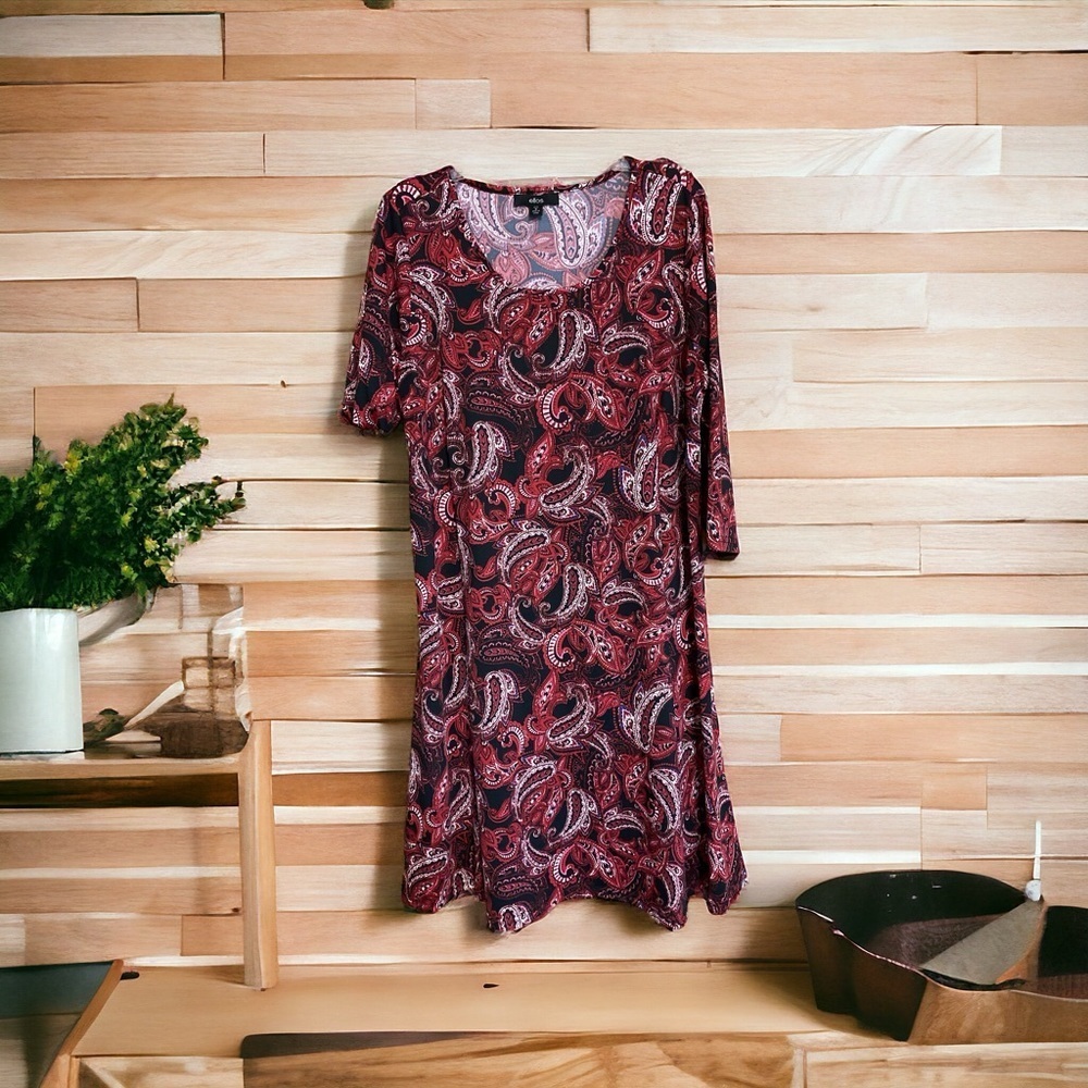 Ellos  A-line midi dress poly spandex red black Paisley medium …